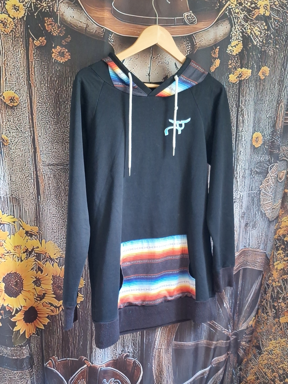Men's Black Pullover Hoodie with Southwestern Accent